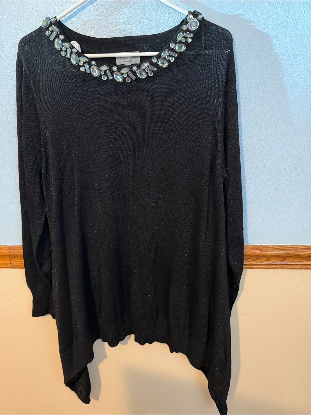 Joseph A Women Plus 1X Black Metallic Shimmer Gem Rhinestone Collar Knit Top